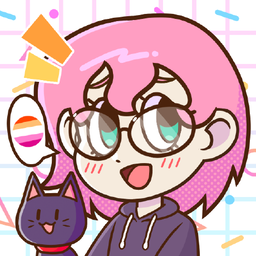 a picrew profile picture of a girl
    with pink hair and glasses next to a cat. the girl has a speech bubble with the lesbian flag in it.